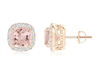 Morganite Earrings- 14k Rose Gold Morganite Earrings- Wedding Earrings- Cushion Morganite Earrings