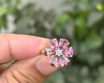Floral Pink Tourmaline Ring – Sterling Silver, Handmade Jewelry