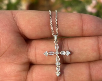 Rainbow Moonstone Cross Necklace – Sterling Silver Marquise Jewelry