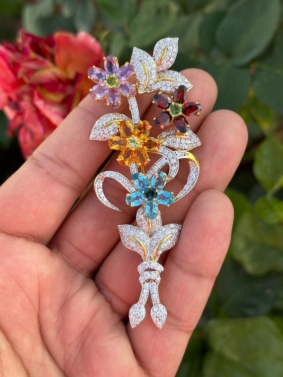 ハンドメイドの宝石の花のブローチペンダント - スターリングシルバー