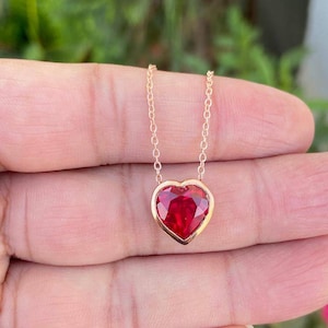 Ruby Heart Necklace- 14k Gold Heart Necklace- Ruby Necklace- Bridal Necklace- Valentine Gift