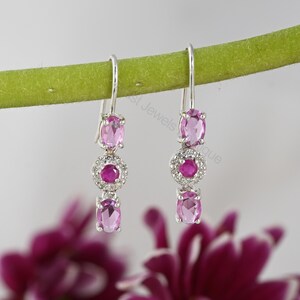 Natural Pink Sapphire Ruby Drop Earrings, Diamond Dangle Earrings, Pink Gemstone Earrings, Bridal Earrings, Gift for Her