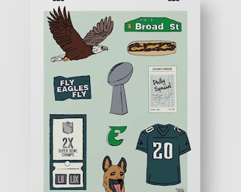 Philadelphia Birds Trinket Collage Wall Art Print, Philly Eagles, Go Birds, Philly Special Illustration