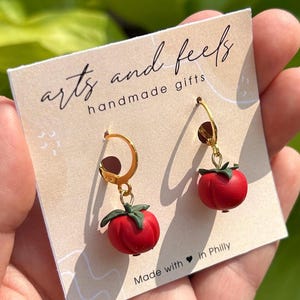 Tomato Huggie Hoop Earring, Summer Ripe Veggie Vegtable Mini Food Fruit Dangle, Handmade Sculped Clay
