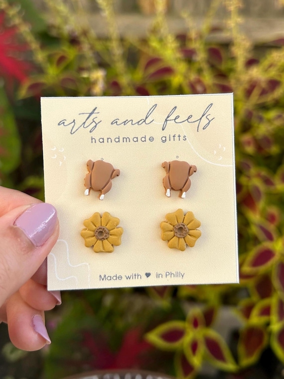 Thanksgiving Turkey Stud Earrings, Sunflower Studs, Handmade, Fall