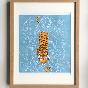 Tiger Lagoon lino print | Original artwork | home decor | hand printed linocut print | Tiger swimming |