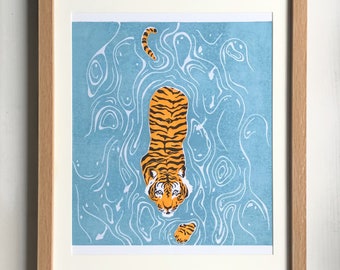 Tiger Lagoon lino print | Original artwork | home decor | hand printed linocut print | Tiger swimming |