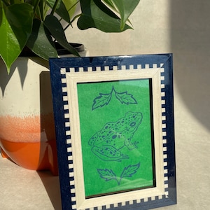 Blue Spotted Frog Lino Print | original linocut print | hand printed | home decor | frog lino print | frog artwork