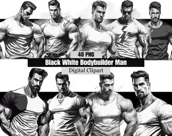 40 Black White Bodybuilder Man Clipart,Handsome Gym Man clipart, Male poses,Bodybuilder png, Black white clipart,Bodybuilder Digital Clipart