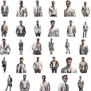 May include: A collection of men wearing various suits and jackets in different shades of white, gray, and black. Some are wearing patterned shirts, while others are wearing solid colors. All of the men are standing in a row, looking at the camera.