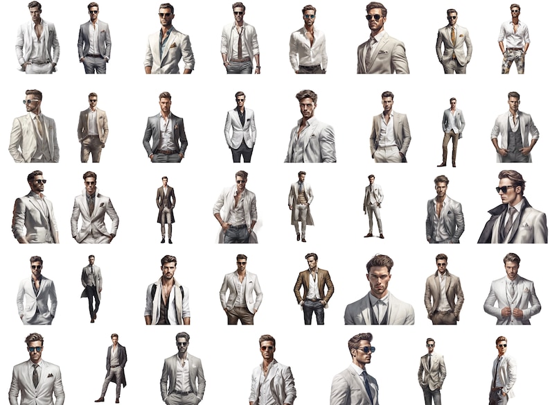 May include: A collection of men wearing various suits and jackets in different shades of white, gray, and black. Some are wearing patterned shirts, while others are wearing solid colors. All of the men are standing in a row, looking at the camera.
