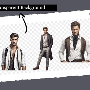 May include: Three men wearing different suits and vests. The men are standing in front of a transparent background.