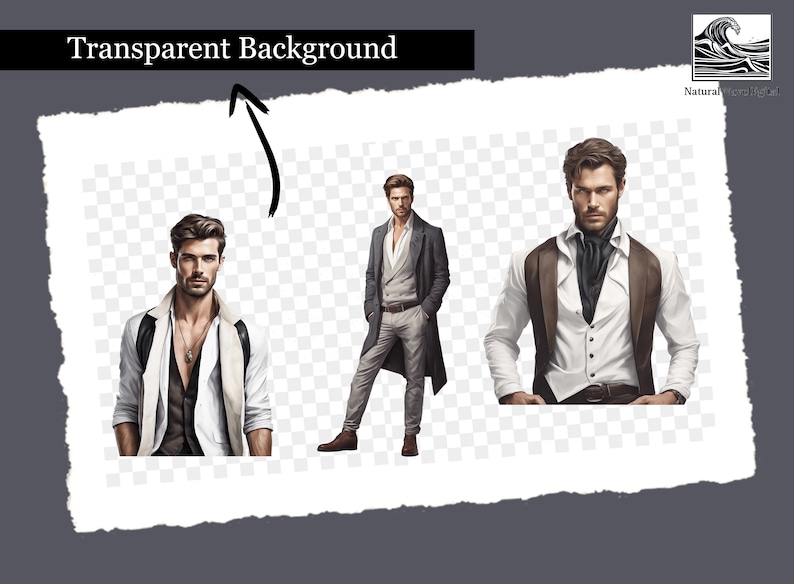 May include: Three men wearing different suits and vests. The men are standing in front of a transparent background.