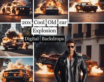 20 Cool Old Car Explosion Backdrop, Vintage Car Background, Car Explosion background, fantasy backdrop,Superhero backdrops,car backgrounds