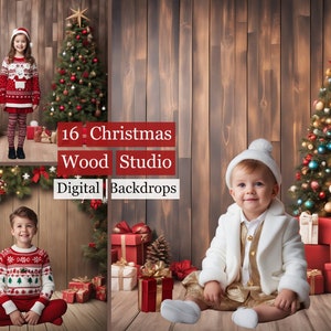May include: Three children pose in front of a Christmas backdrop with a wood plank background. The backdrop features a Christmas tree with ornaments, red and white presents, and a garland of greenery. The text "16 - Christmas Wood Studio Digital Backdrops" is displayed in red letters.