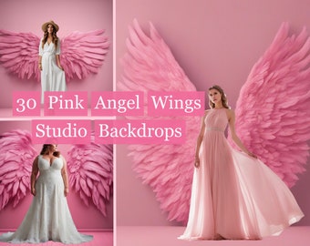 30 fondos de estudio de alas de ángel rosa, fondo de estudio rosa, fondo de alas de ángel, superposiciones de photoshop, telón de fondo de maternidad, telón de fondo de fotos rosa