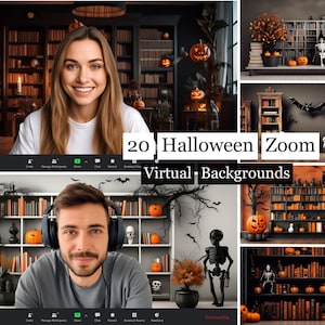 May include: 20 Halloween Zoom Virtual Backgrounds featuring a spooky library setting with bookshelves, pumpkins, skeletons, bats, and a witch's hat.