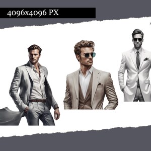 May include: Three men wearing different suits. The man on the left is wearing a light gray suit with a white shirt. The man in the middle is wearing a light brown suit with a white shirt and a brown vest. The man on the right is wearing a white suit with a white shirt and a dark tie.