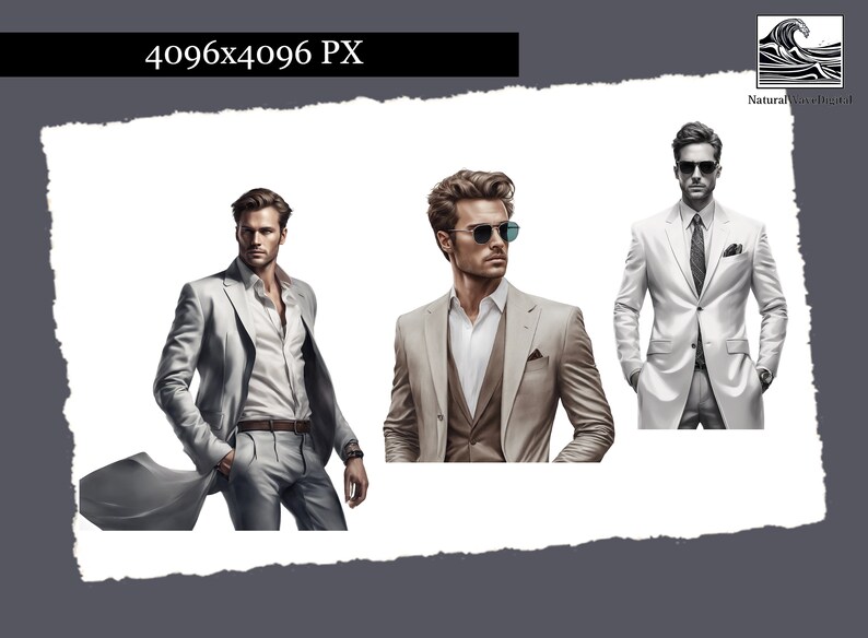 May include: Three men wearing different suits. The man on the left is wearing a light gray suit with a white shirt. The man in the middle is wearing a light brown suit with a white shirt and a brown vest. The man on the right is wearing a white suit with a white shirt and a dark tie.