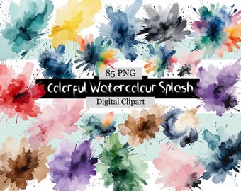 85 Colorful Watercolor Splash Clipart,Watercolor Splash Digital Clipart, PNG Paint Splatter Clipart,color splashes png,alcohol ink png
