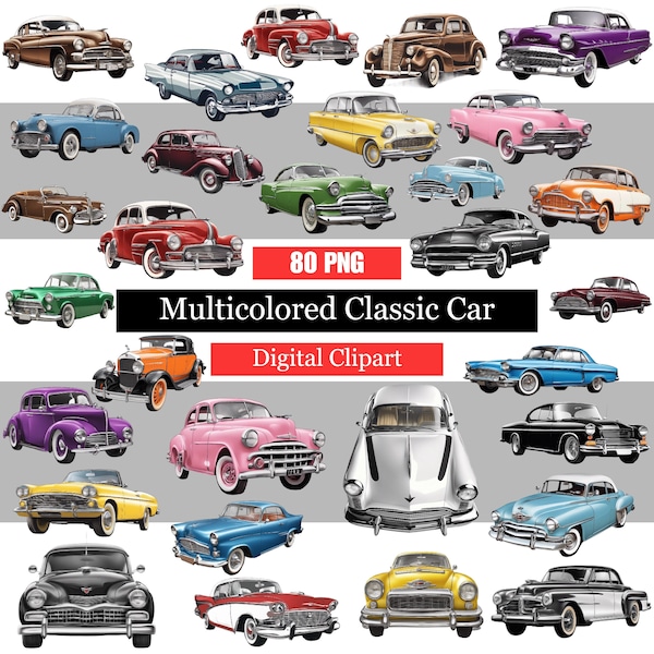 80 Multicolored Classic Car Clipart, Vintage Cars Clipart, Old Car Retro Images, Purple Yellow Black Car, Car Lover, Png Digital Clipart