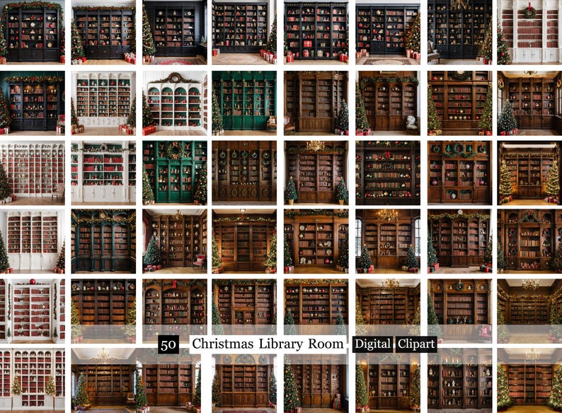 Christmas Library Room Digital Backdrops, Book Lover Backgrounds (50 ...