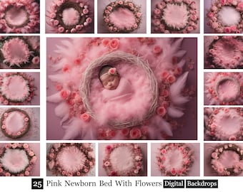 25 Pink Newborn Bed With Flowers Backdrops, Newborn Pink Digital Backdrops, flower nest,  Studio Background,Newborn feather bed,Girl Newborn