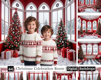 44 Christmas Celebration Room Backdrops,Christmas digital backdrop, Red christmas backdrop, christmas tree overlay,family portrait ,NewYear