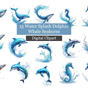 15 Water Splash  Clipart , Dolphin Whale Seahorse clipart, Water Splashes Digital Clipart, Blue Clipart, water clipart, animal clipart