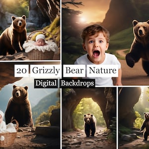 May include: A digital backdrop set featuring 20 images of grizzly bears in nature. The images include bears in caves, walking on paths, and standing in forests. The text "20 Grizzly Bear Nature Digital Backdrops" is displayed on the image.