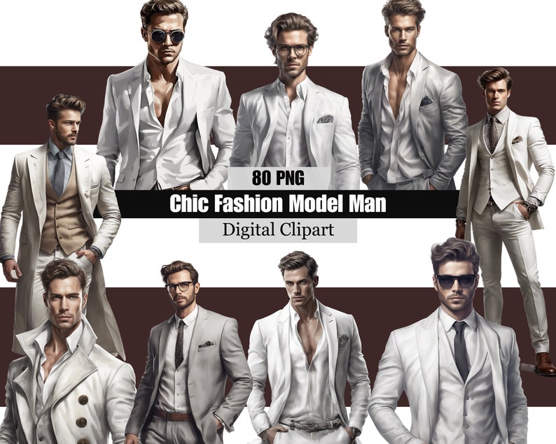 May include: Digital clipart of eight men wearing different styles of white suits. The image includes the text "80 PNG Chic Fashion Model Man Digital Clipart".