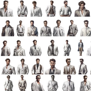 May include: A collection of men wearing white suits and jackets. Some are wearing vests, ties, and bow ties. Some are wearing sunglasses. Some are wearing casual shirts with a white jacket.
