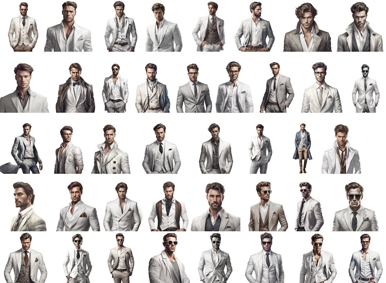 May include: A collection of men wearing white suits and jackets. Some are wearing vests, ties, and bow ties. Some are wearing sunglasses. Some are wearing casual shirts with a white jacket.