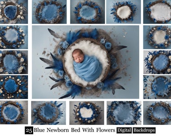 25 Blue Newborn Bed With Flowers Backdrops,Newborn Digital Backdrop,Newborn feather bed,Boy newborn Studio Backdrop,Baby Prob Backdrop Photo