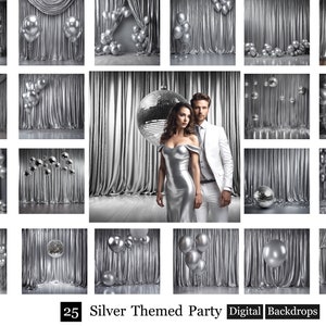 May include: 25 digital backdrops featuring silver themed party decorations. The backdrops include silver curtains, balloons, and a disco ball. There are also images of a couple posing in front of a silver curtain backdrop.