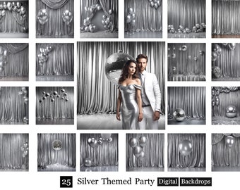 25 Silver Themed Party Backdrops, Silver Party Digital Backgrounds, Silver Backdrop, Glitter Backdrop, Shiny Silver Portrait Backdrops,Disco