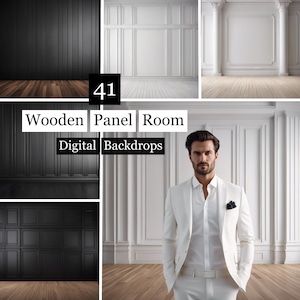 May include: A digital backdrop featuring three different images of a room with wood paneling. The first image is a black room with wood paneling and a wood floor. The second image is a white room with wood paneling and a wood floor. The third image is a white room with wood paneling and a wood floor, with a man in a white suit standing in the middle of the room. The text "41 Wooden Panel Room Digital Backdrops" is displayed in the center of the image.