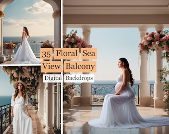35 Kwiatowe tła balkonowe z widokiem na morze, Kwiatowe tła balkonowe, Arch Digital Backdrops, tło fotograficzne, tło ślubne