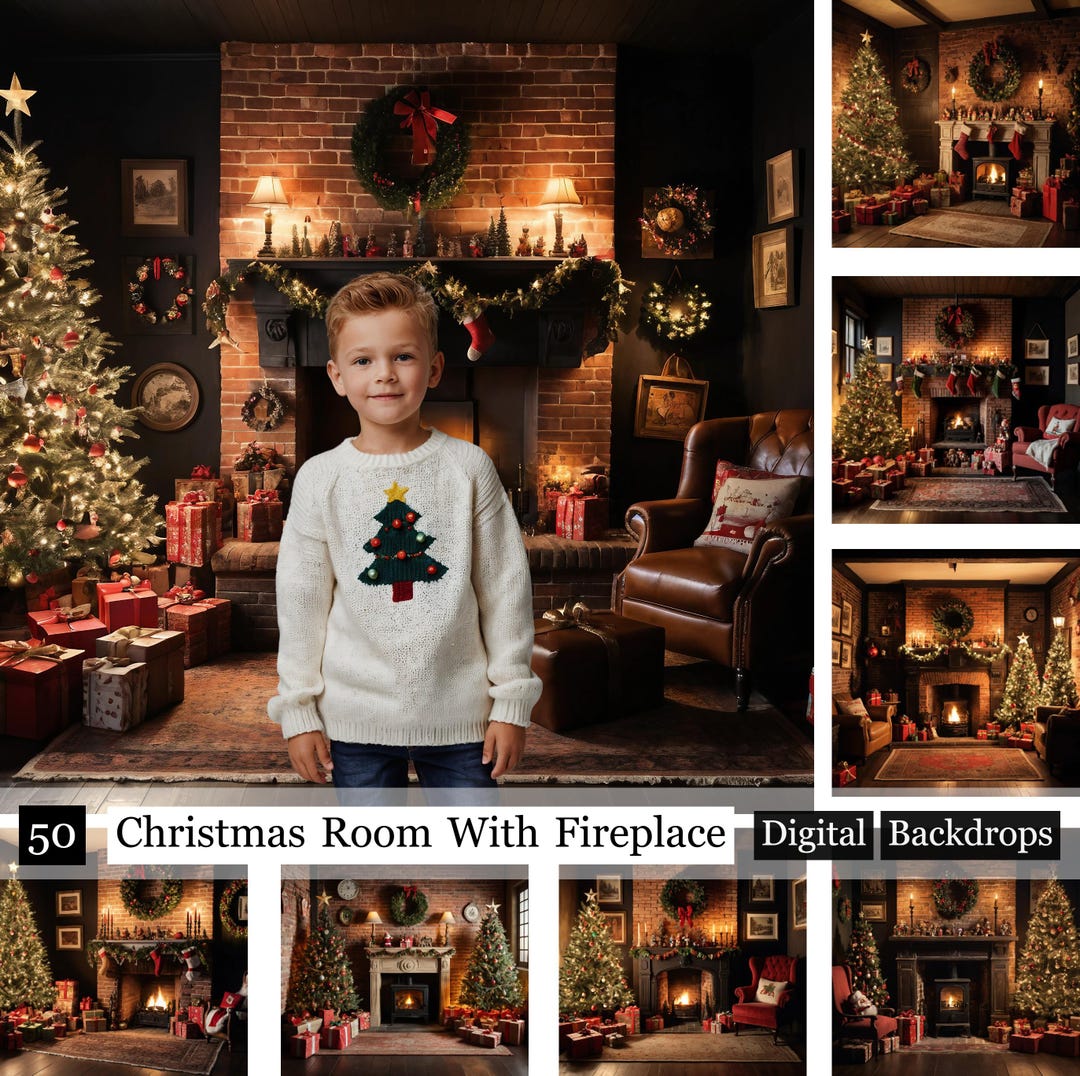 50 Christmas Room With Fireplace Backdrops,christmas Digital Backdrop ...