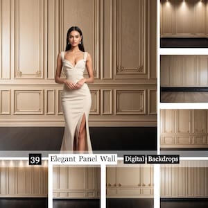 May include: A digital backdrop featuring a beige wall with decorative panels and gold accents. The wall is divided into sections with a repeating pattern of squares and rectangles. The backdrop is ideal for photography and videography.