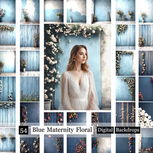 May include: A set of 54 digital backdrops featuring a blue wooden background with white floral accents. The backdrops are perfect for maternity photoshoots.