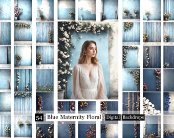 54 Blue Maternity Floral Backdrops,Blue maternity digital backdrop,Floral wedding background,Blue digital backdrop,Canvas backdrops,fine art