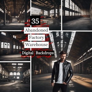 Könnte beinhalten: 35 Digitale Hintergründe für verlassene Fabriken und Lagerhäuser. Eine Sammlung digitaler Hintergründe mit Bildern von verlassenen Fabriken und Lagerhäusern. Die Bilder sind hochauflösend und perfekt für die Verwendung in der Fotografie, im Grafikdesign und in anderen kreativen Projekten.