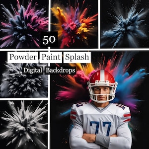 May include: 50 digital backdrops featuring colorful powder paint splashes against a black background. The backdrops are perfect for adding a dynamic and creative element to your photos.