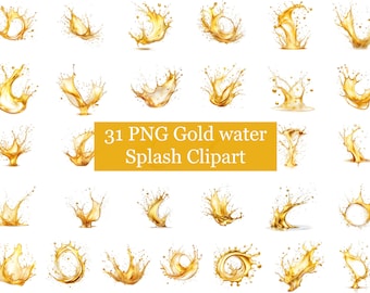 31 PNG Gold Water Splash Clipart, Water splash overlays, Drop splashes PNG, Golden Color Clipart, Transparent Clipart, Photoshop Overlays