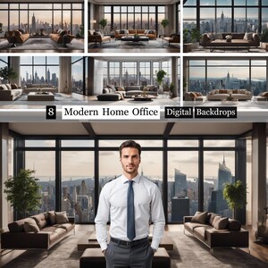 May include: A man in a white button-down shirt and dark gray pants stands in a modern office with large windows overlooking a city skyline. The office has a brown leather couch and a coffee table.