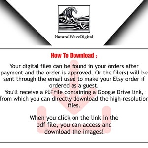 May include: A pink and white illustration with an arrow pointing down. The text reads "How To Download: Your digital files can be found in your orders after payment and the order is approved. Or the file(s) will be sent through the email used to make your Etsy order if ordered as a guest. You'll receive a PDF file containing a Google Drive link, from which you can directly download the high-resolution files. When you click on the link in the pdf file, you can access and download the images!"