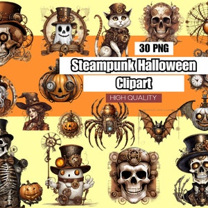 30 Steampunk Halloween Clipart ,Steampunk Digital Clipart , Halloween clipart,Clipart Bundle, Halloween PNG ,Pumpkin Clipart, Steampunk cat