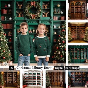May include: 50 Christmas Library Room Digital Backdrops. A collage of images featuring a green library room with bookshelves, a Christmas tree, and two children wearing green sweaters. The room is decorated with a wreath and other Christmas decorations.