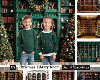Christmas Library Room Digital Backdrops, Book Lover Backgrounds (50 JPG)